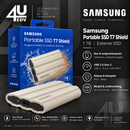 Samsung T7 Shield 1TB Beige mit blauer Originalverpackung – Produktillustration